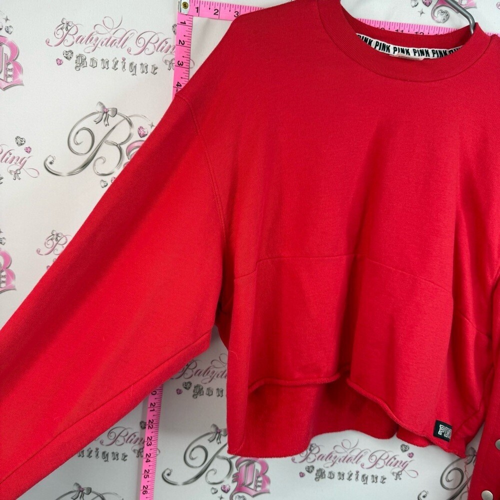 PINK Victoria's Secret sweater logo on back Red Button-Sleeve Cropped Sweatshirt - Picture 9 of 13